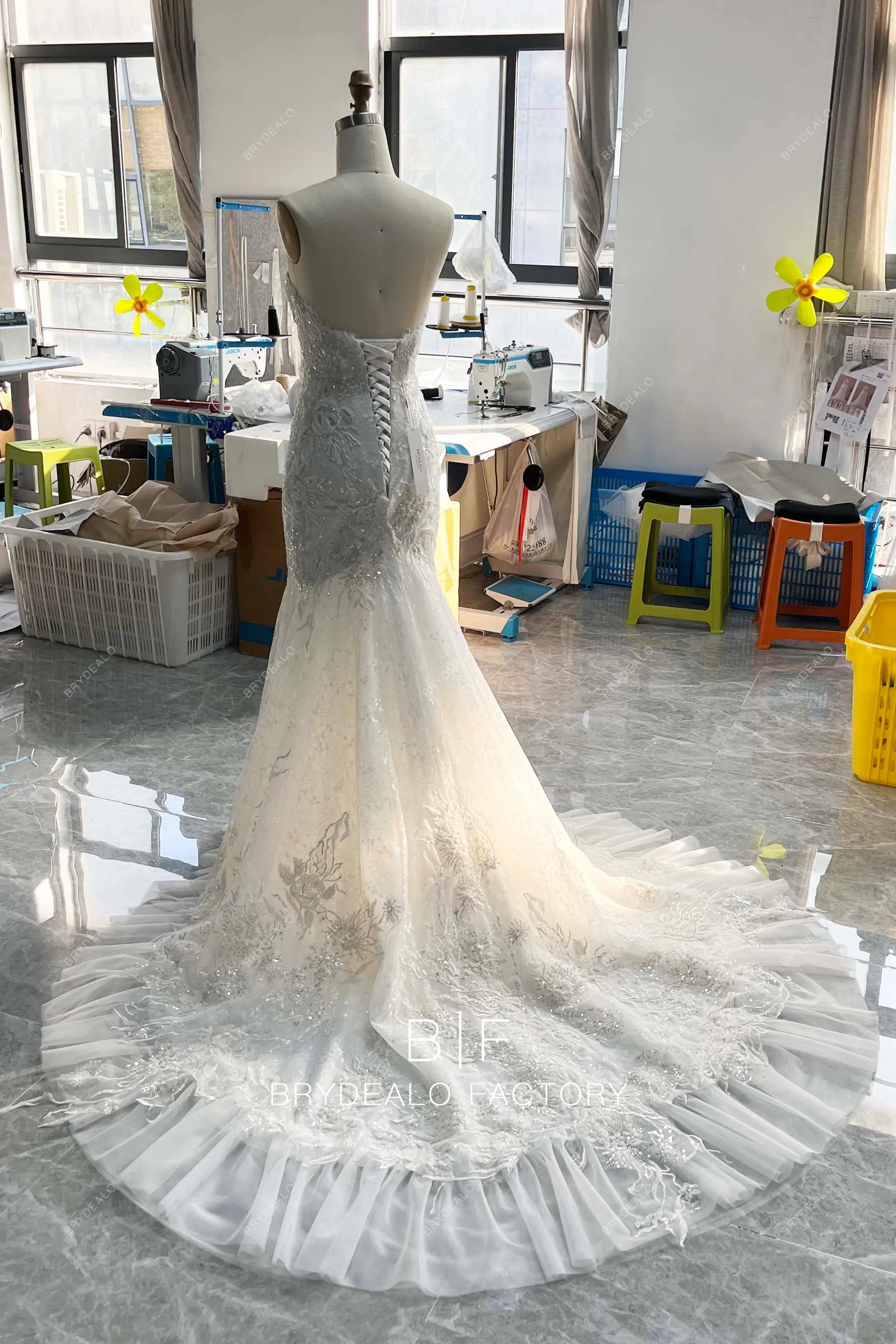 White Mermaid Long Train Lace Up Back Strapless Wedding Gown