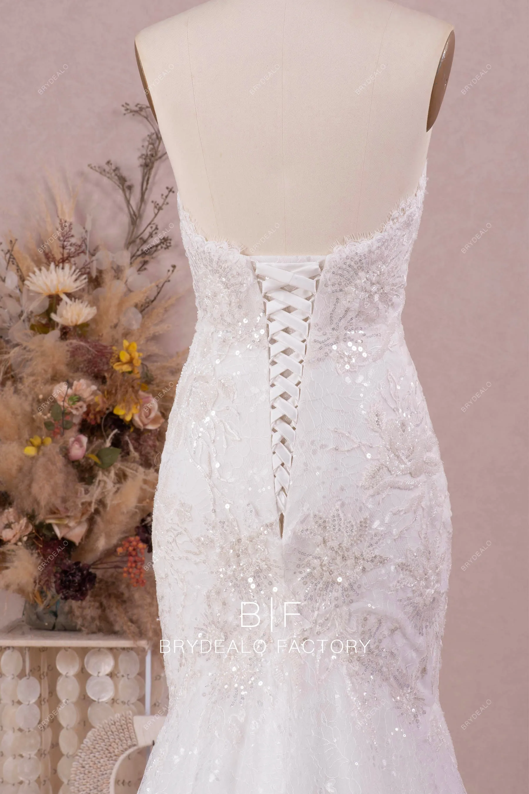 White Mermaid Long Train Lace Up Back Strapless Wedding Gown