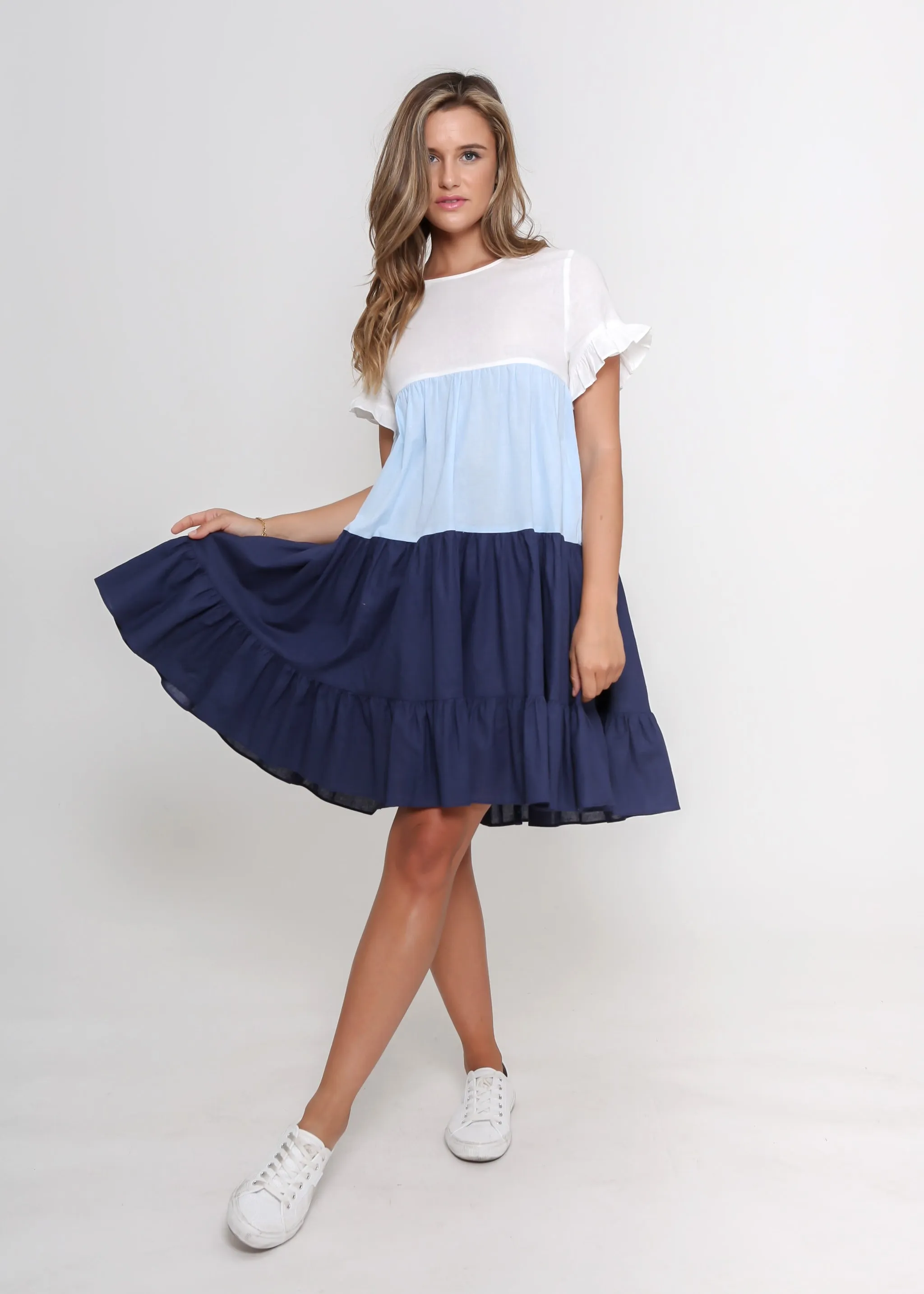 White, Pale Blue and Navy dress.