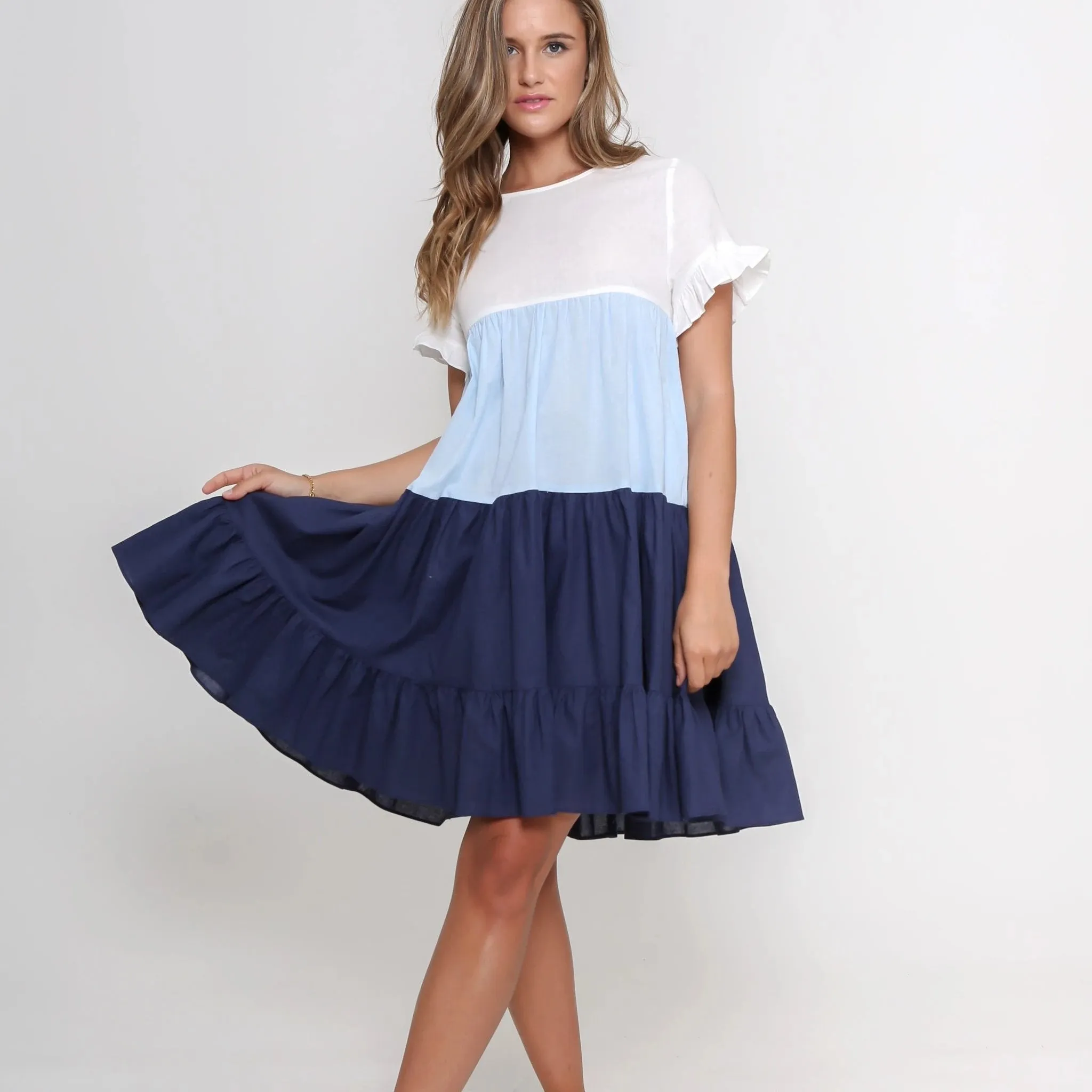 White, Pale Blue and Navy dress.