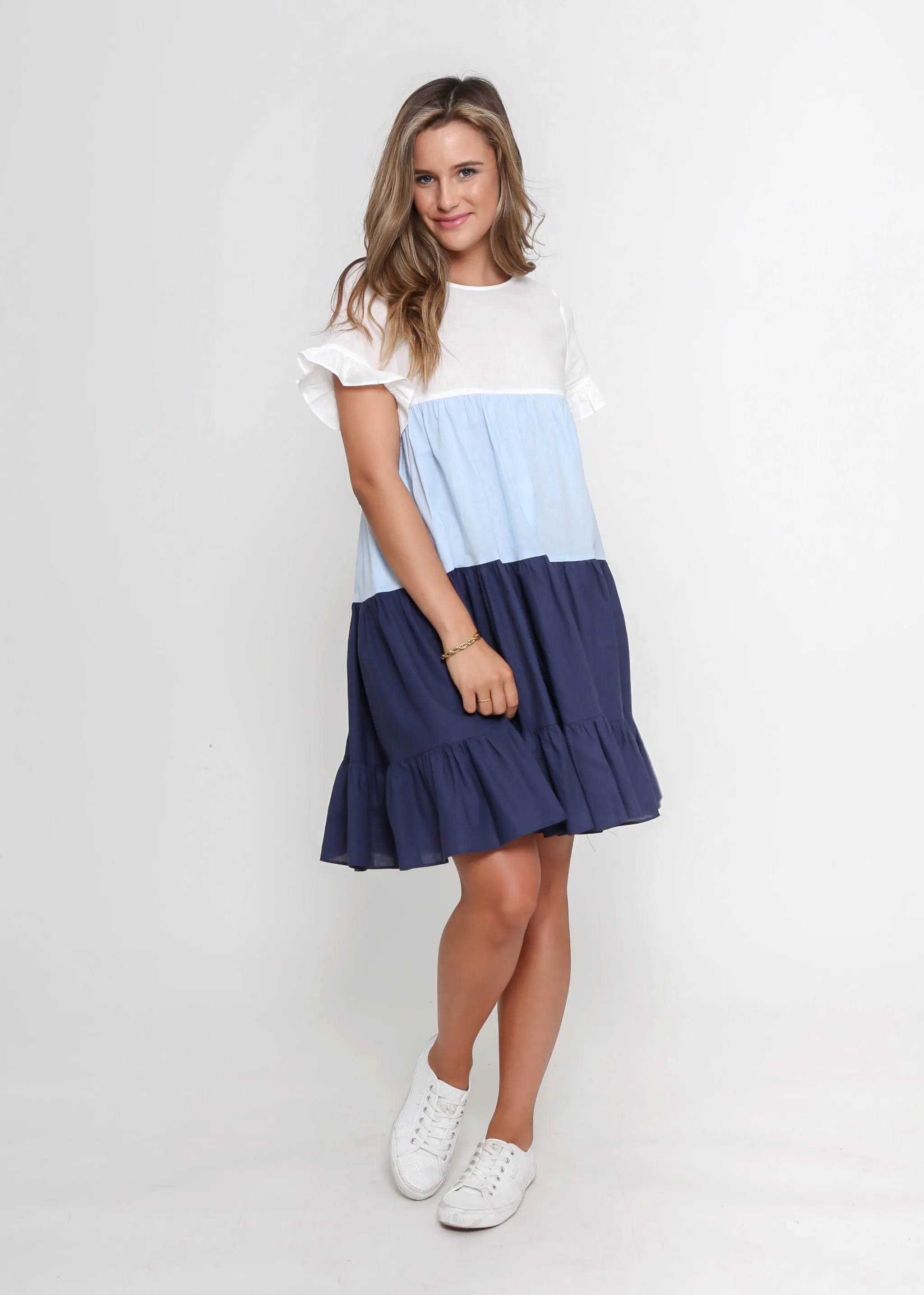 White, Pale Blue and Navy dress.