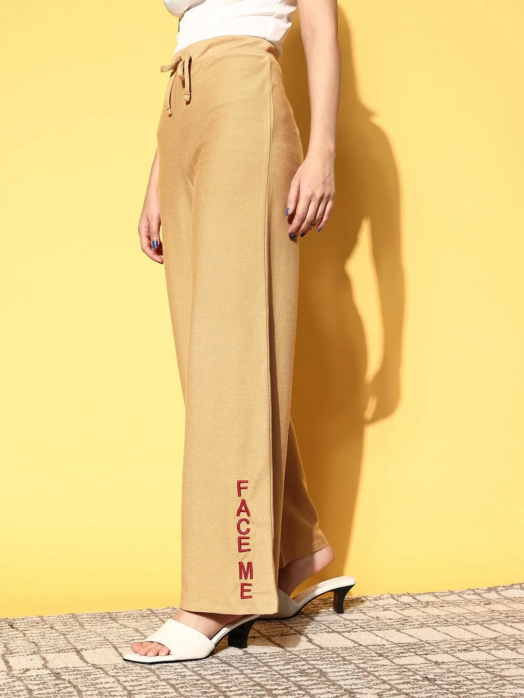 Women Beige Straight Terry Track Pants