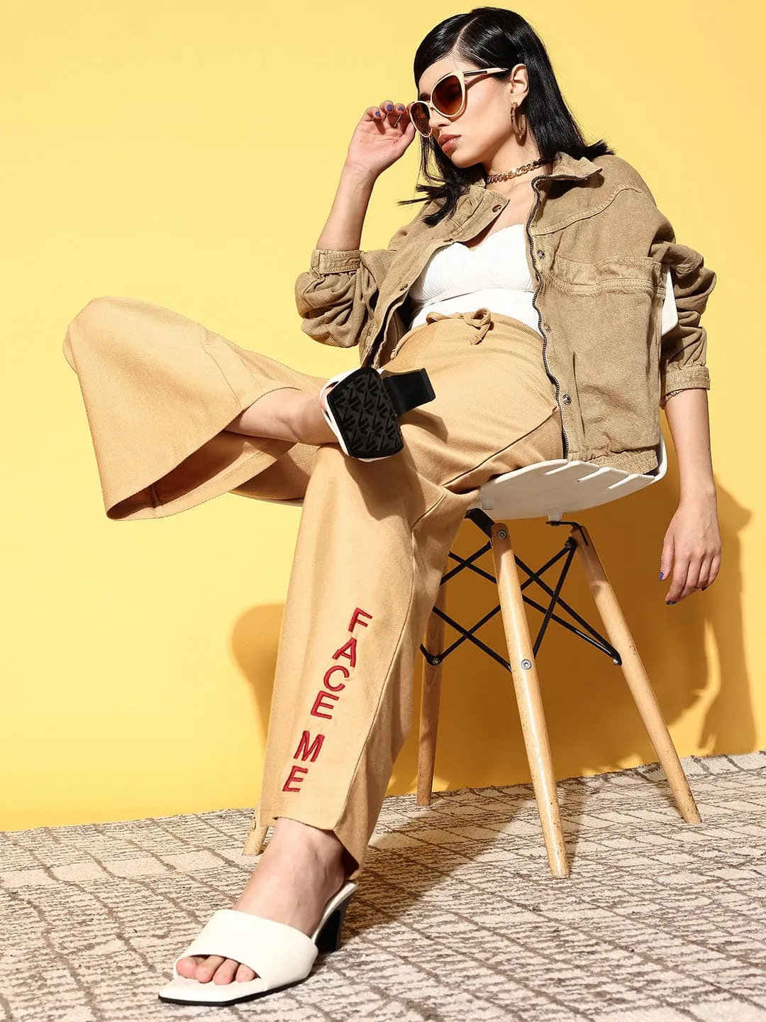 Women Beige Straight Terry Track Pants