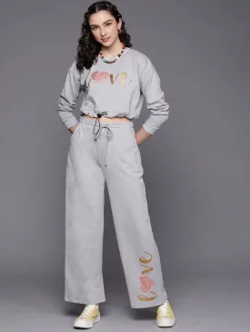 Women Grey Melange Love Sweatshirt With Track Pants