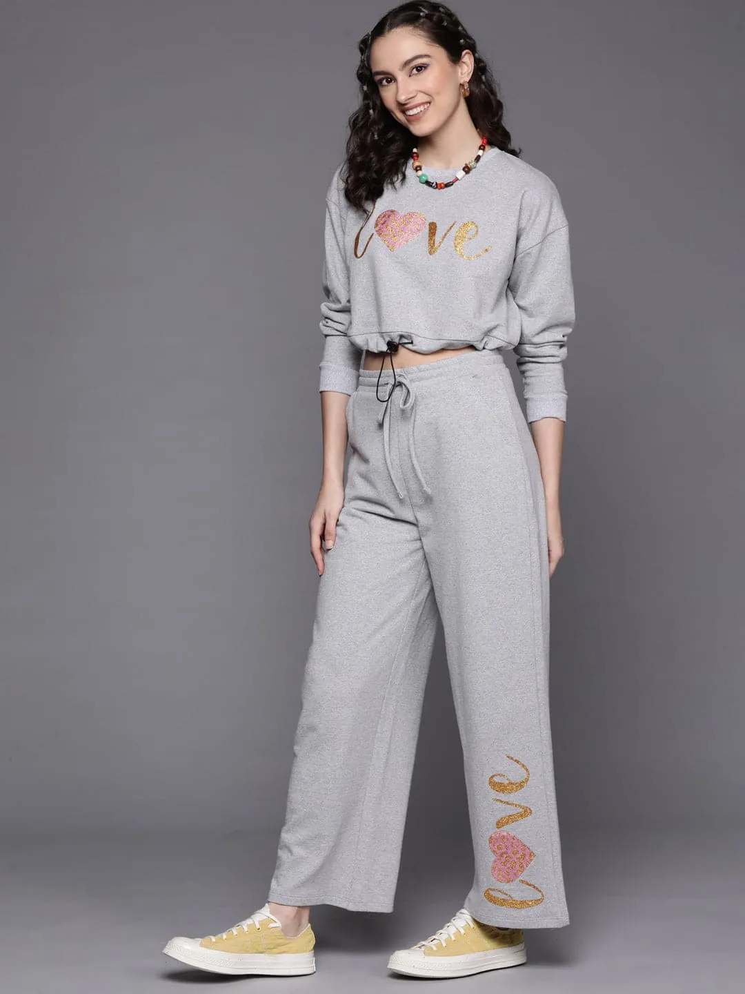 Women Grey Melange Love Sweatshirt With Track Pants