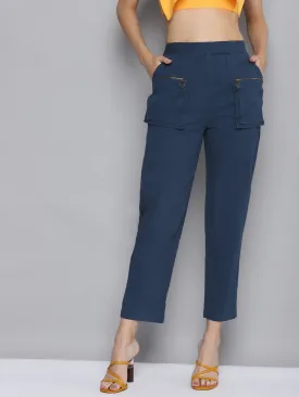 Women Navy Big Pockets Twill Pants