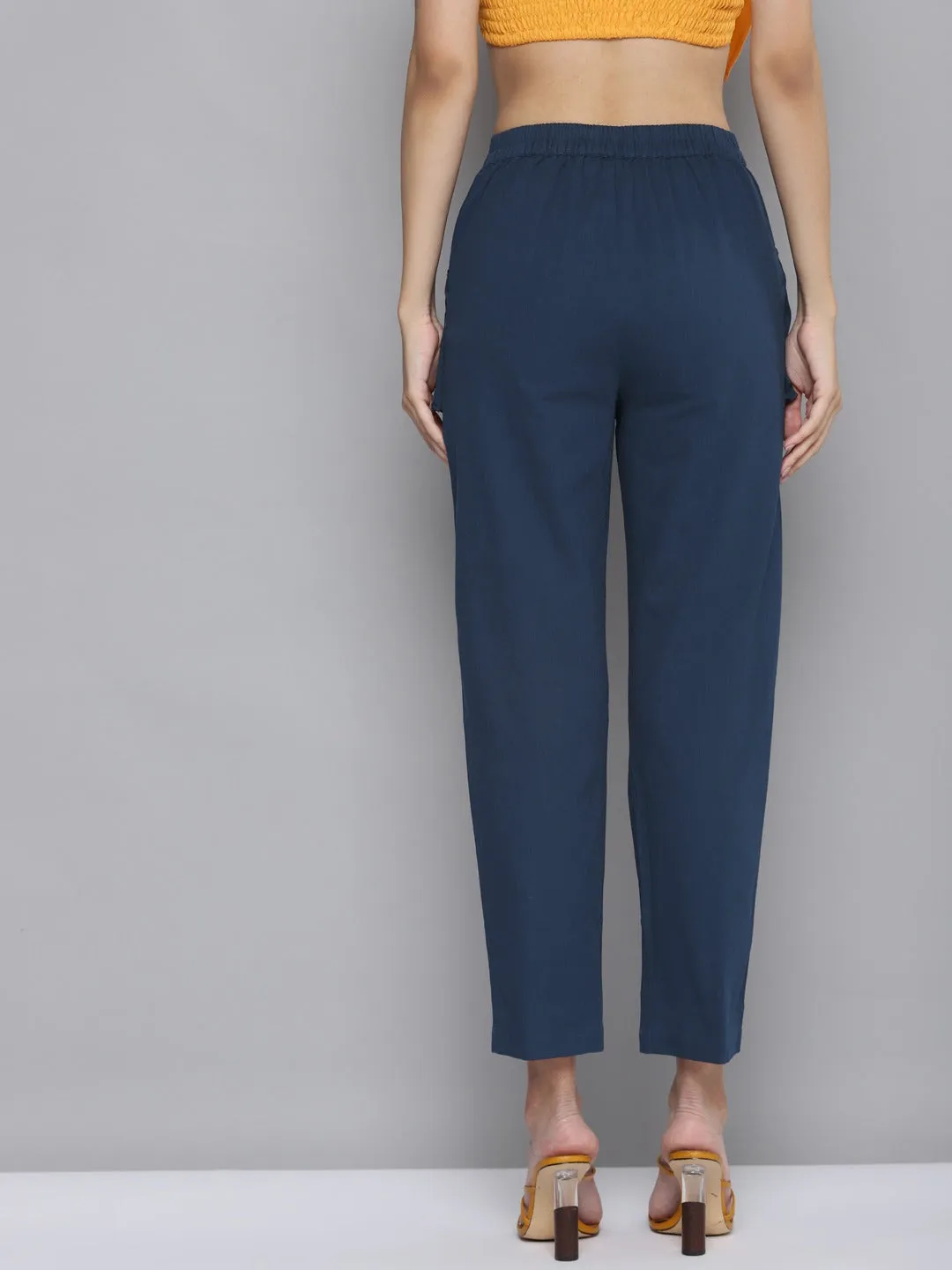 Women Navy Big Pockets Twill Pants