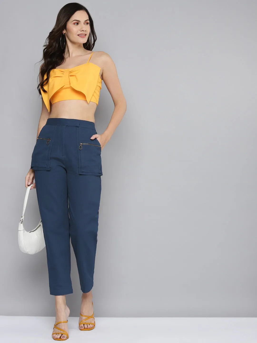 Women Navy Big Pockets Twill Pants