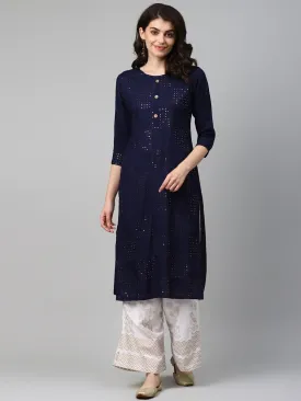 Women Navy Blue & White Solid Kurta Set