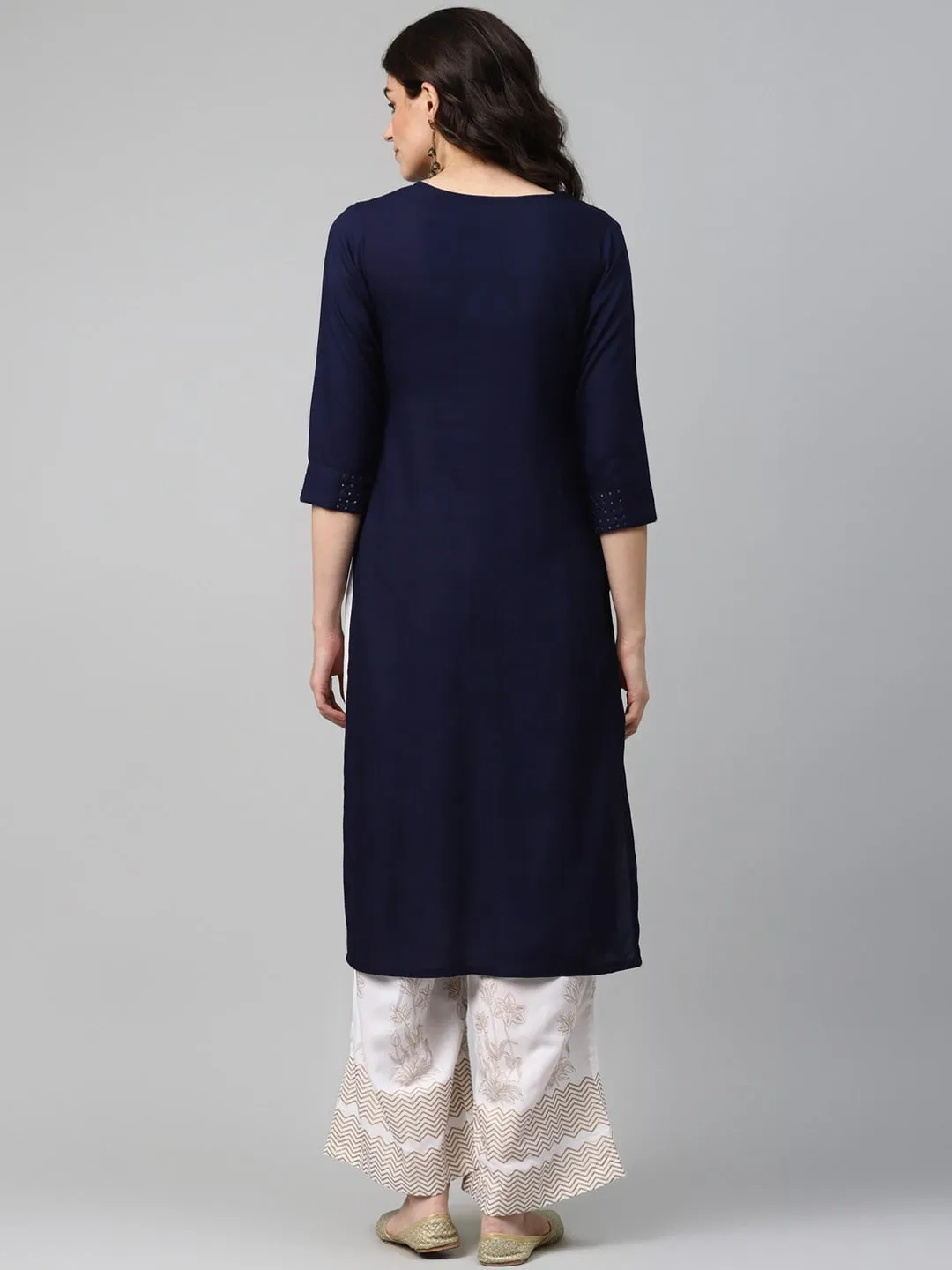 Women Navy Blue & White Solid Kurta Set