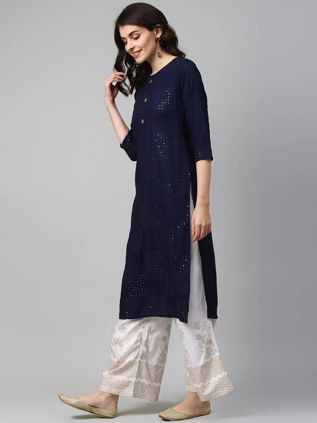 Women Navy Blue & White Solid Kurta Set
