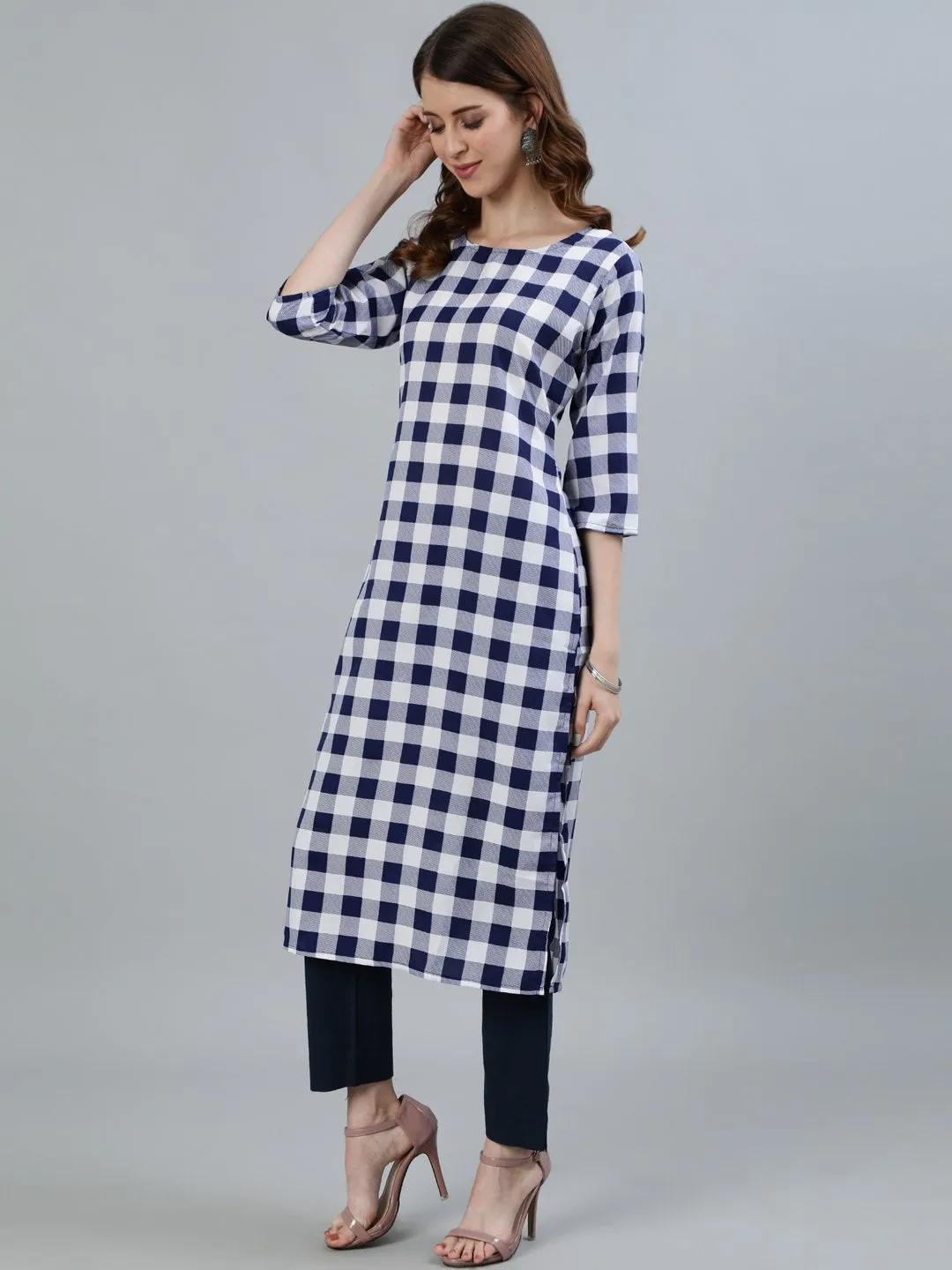 Women Navy Blue Checked Printed Straight Kurta With Three Quarter Sleeves