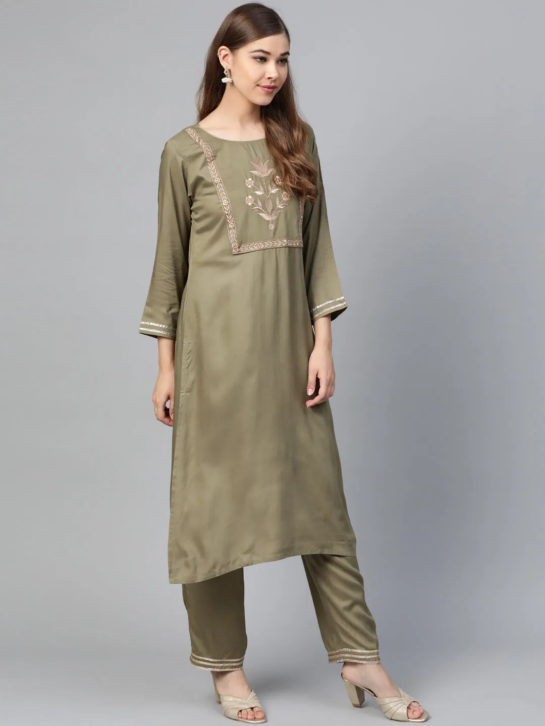 Women Olive Motif Zari Embroidery Kurta With Olive Pants
