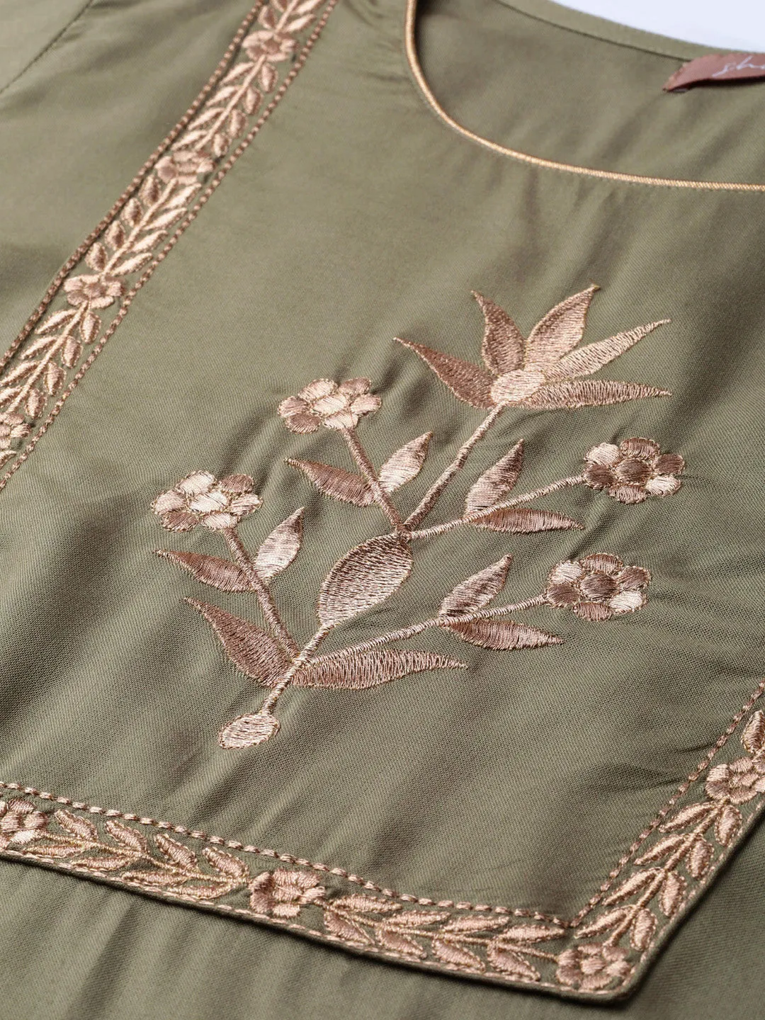 Women Olive Motif Zari Embroidery Kurta With Olive Pants