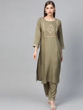 Women Olive Motif Zari Embroidery Kurta With Olive Pants