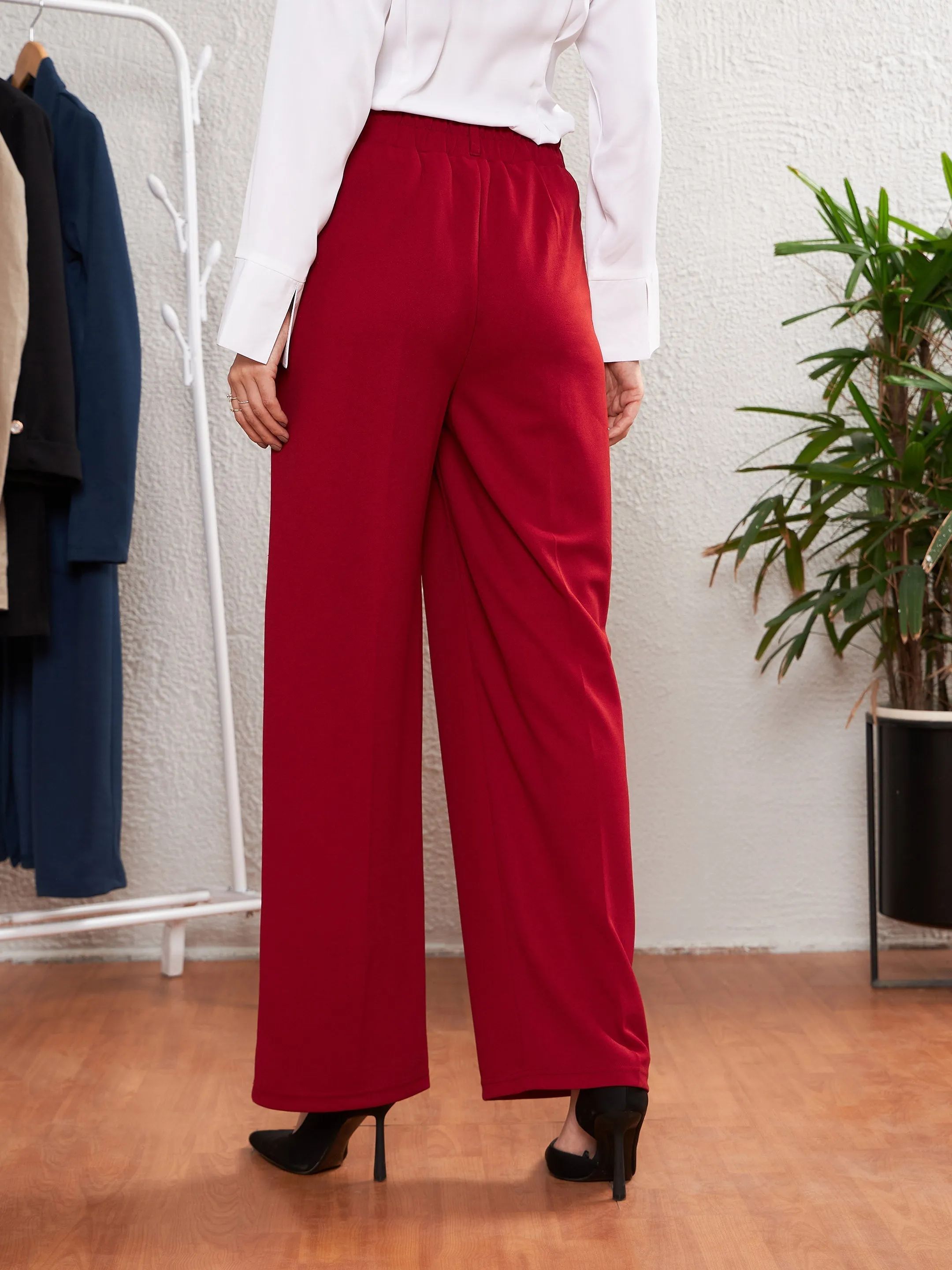 Women Red Pleated Straight Pants