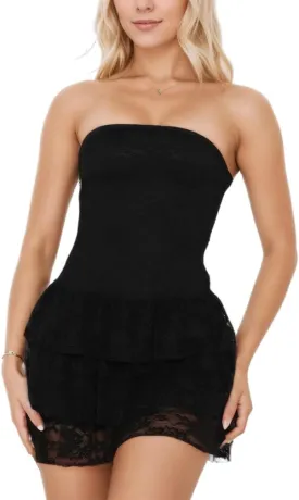 Women Sexy Ruffle Lace Tiered Strapless Mini Dress Y2k Solid Sleeveless Backless Layered A-line Short Tube Dress