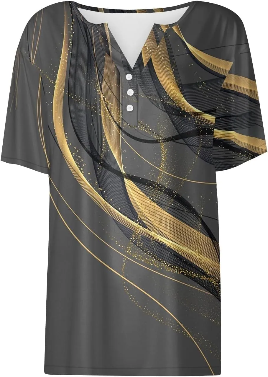 Women Short Sleeve Tops 2024 Summer Casual V Neck Pullover Fashion Plus Size Blouse Tees Printed Button T Shirt
