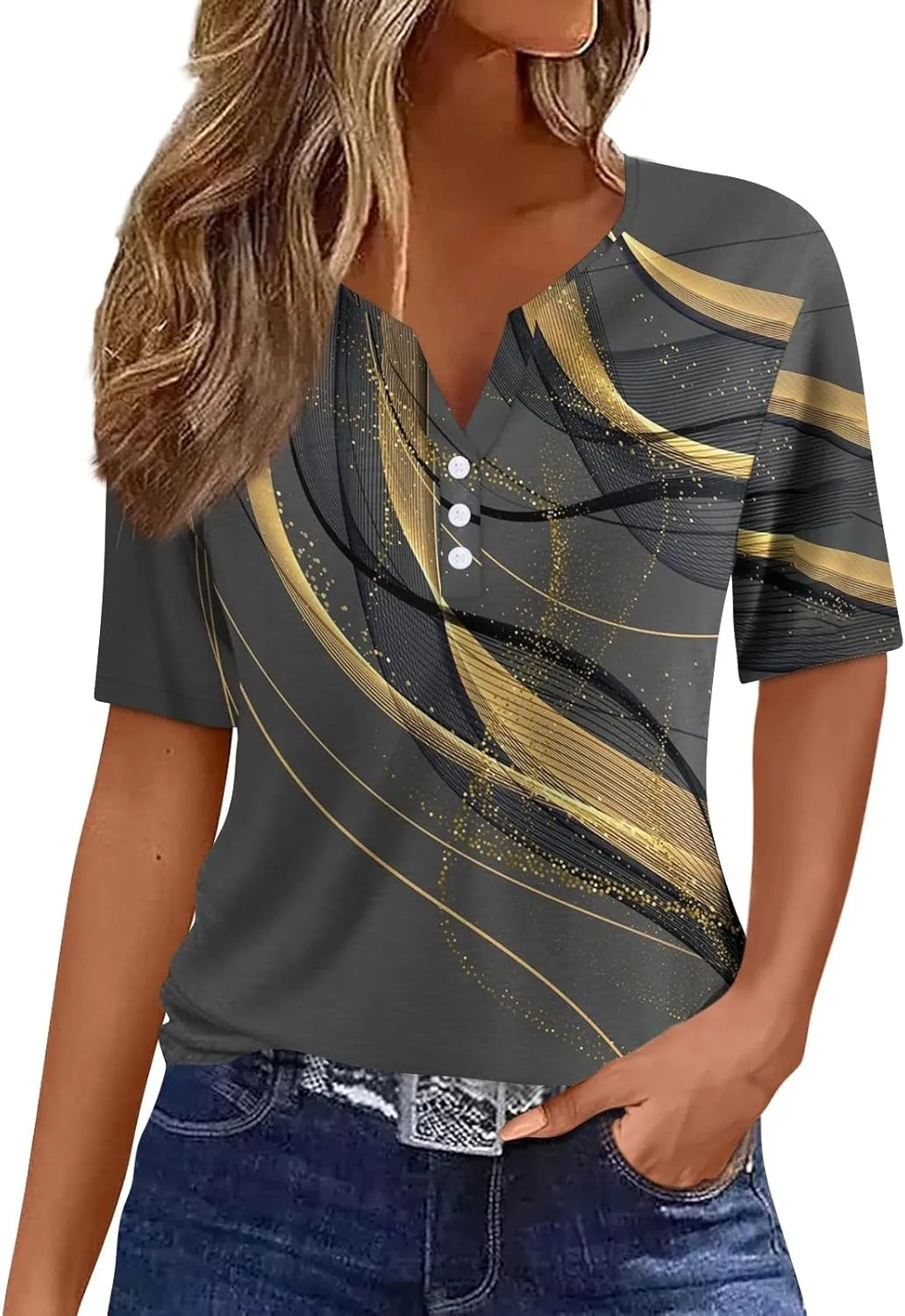 Women Short Sleeve Tops 2024 Summer Casual V Neck Pullover Fashion Plus Size Blouse Tees Printed Button T Shirt