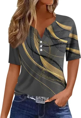 Women Short Sleeve Tops 2024 Summer Casual V Neck Pullover Fashion Plus Size Blouse Tees Printed Button T Shirt