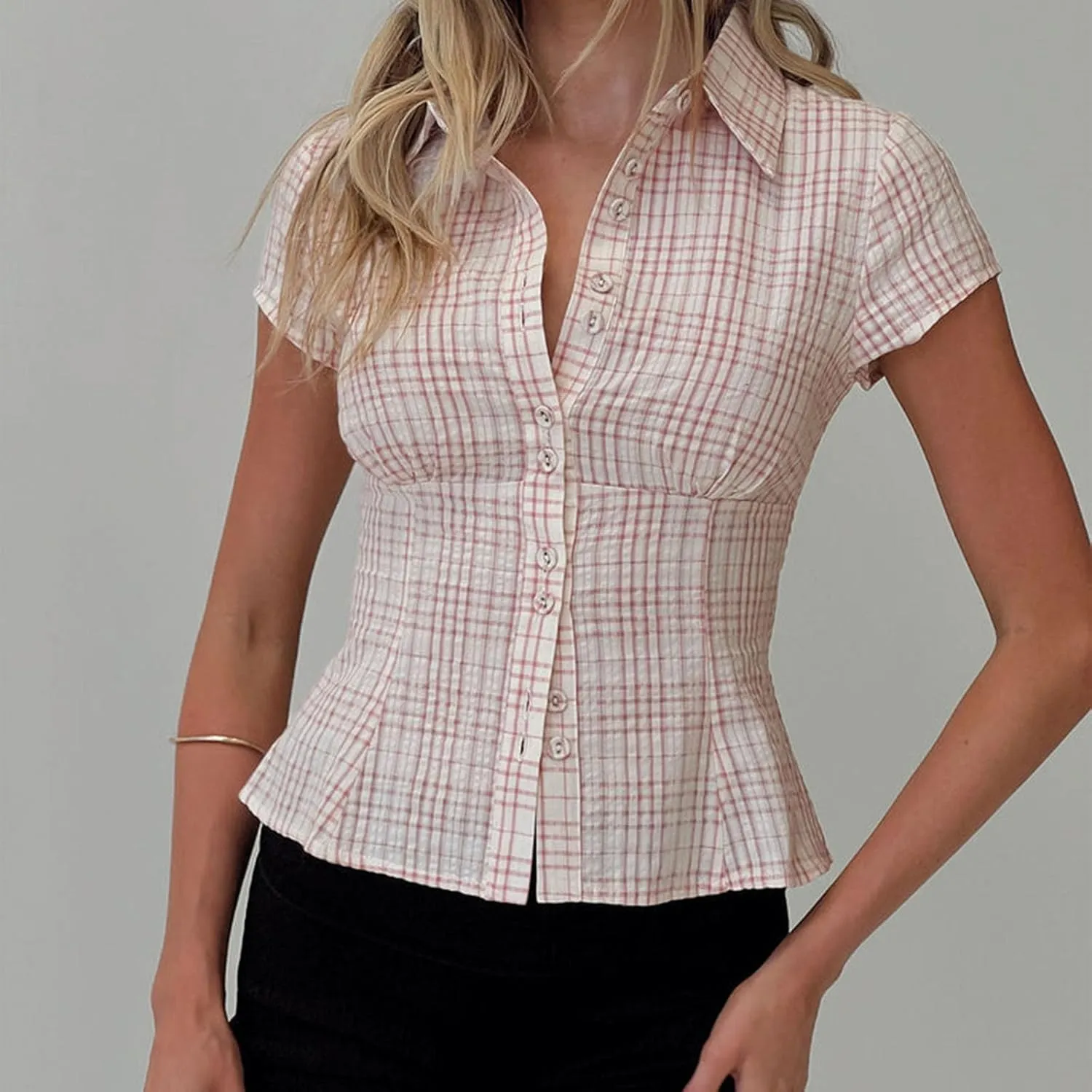 Women Y2K Plaid Button Down Shirt Coquette Short Sleeve V Neck Blouses Top Vintage Preppy Crop Top Shirt