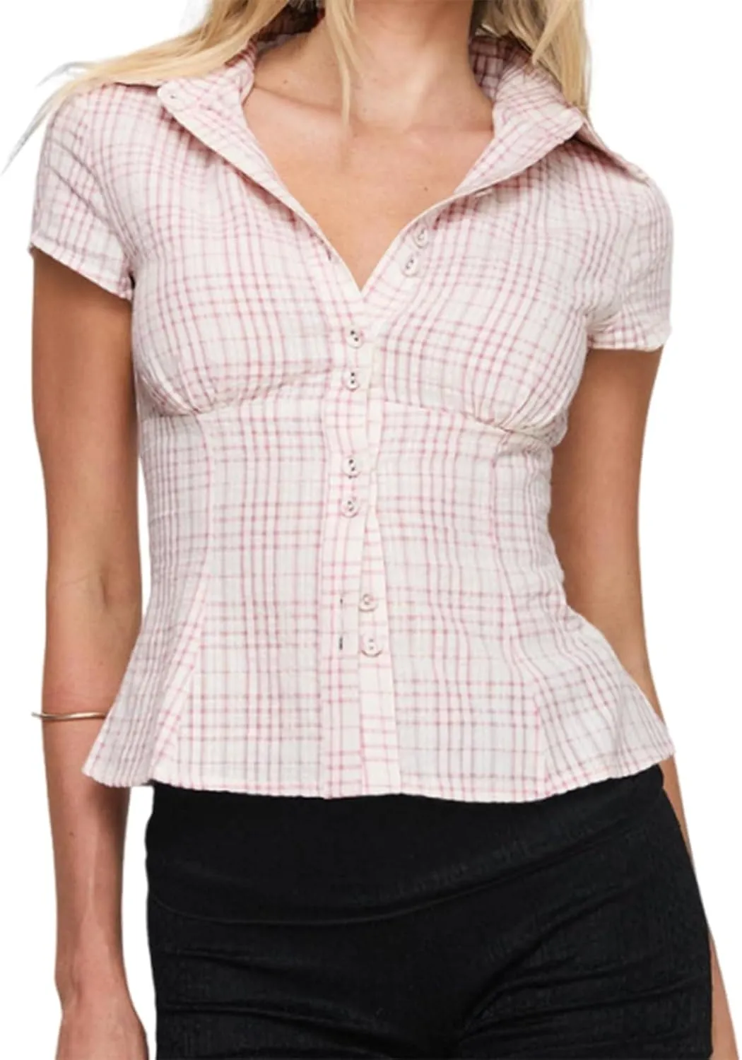 Women Y2K Plaid Button Down Shirt Coquette Short Sleeve V Neck Blouses Top Vintage Preppy Crop Top Shirt