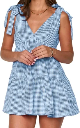Women Y2k Tie Shoulder Gingham Mini Dress Bow Strap V Neck Babydoll Dress Cute Plaid Short Flowy Dresses