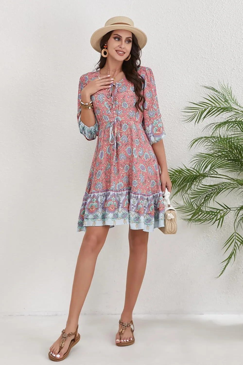 Women's Bohemian Dress V Neck Front Tie 3/4 Long Sleeve Floral A Line Beach Boho Tunic Dress