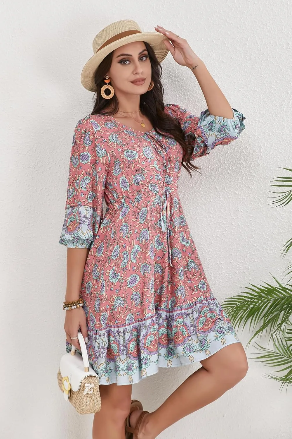Women's Bohemian Dress V Neck Front Tie 3/4 Long Sleeve Floral A Line Beach Boho Tunic Dress