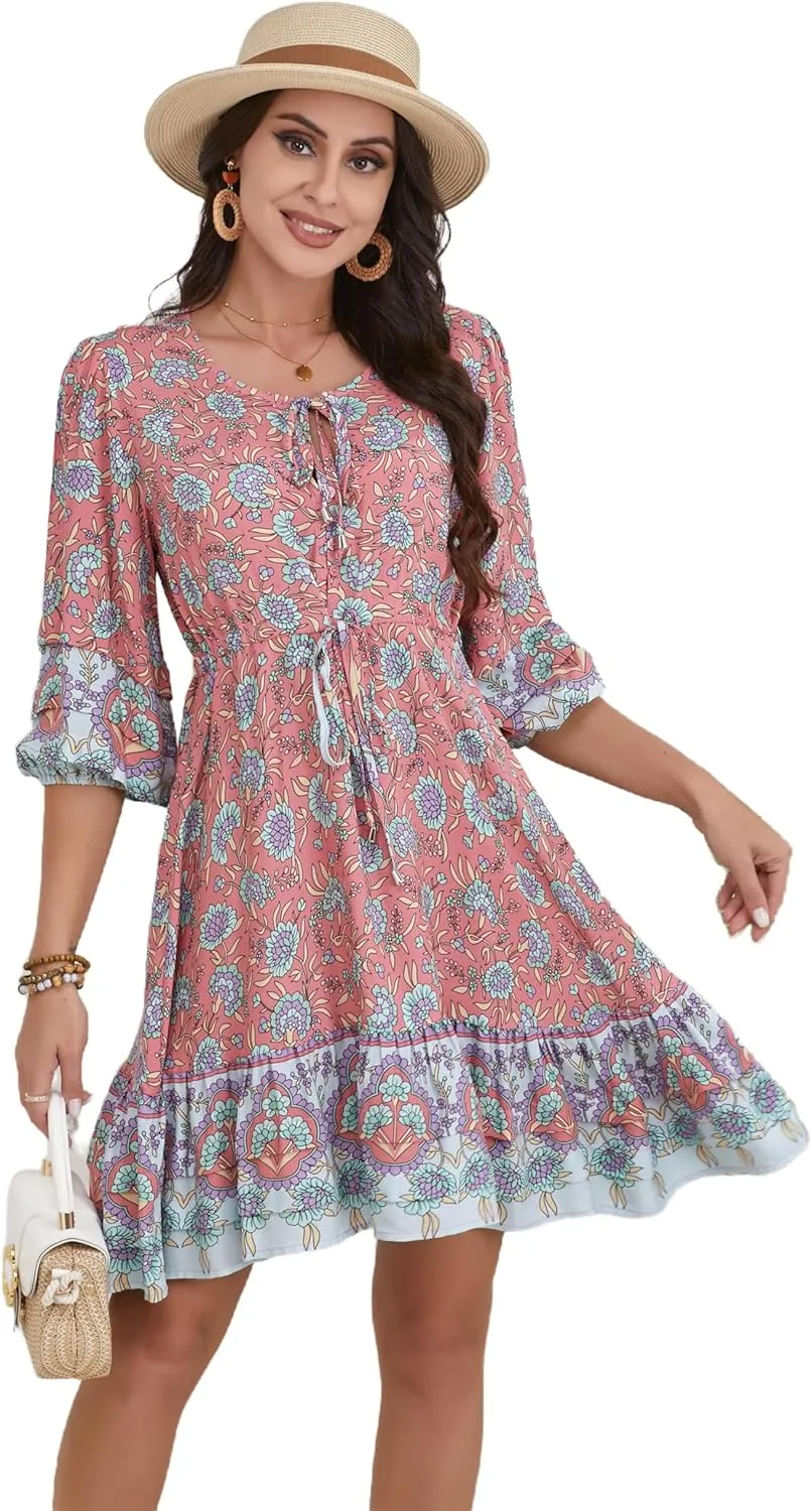 Women's Bohemian Dress V Neck Front Tie 3/4 Long Sleeve Floral A Line Beach Boho Tunic Dress
