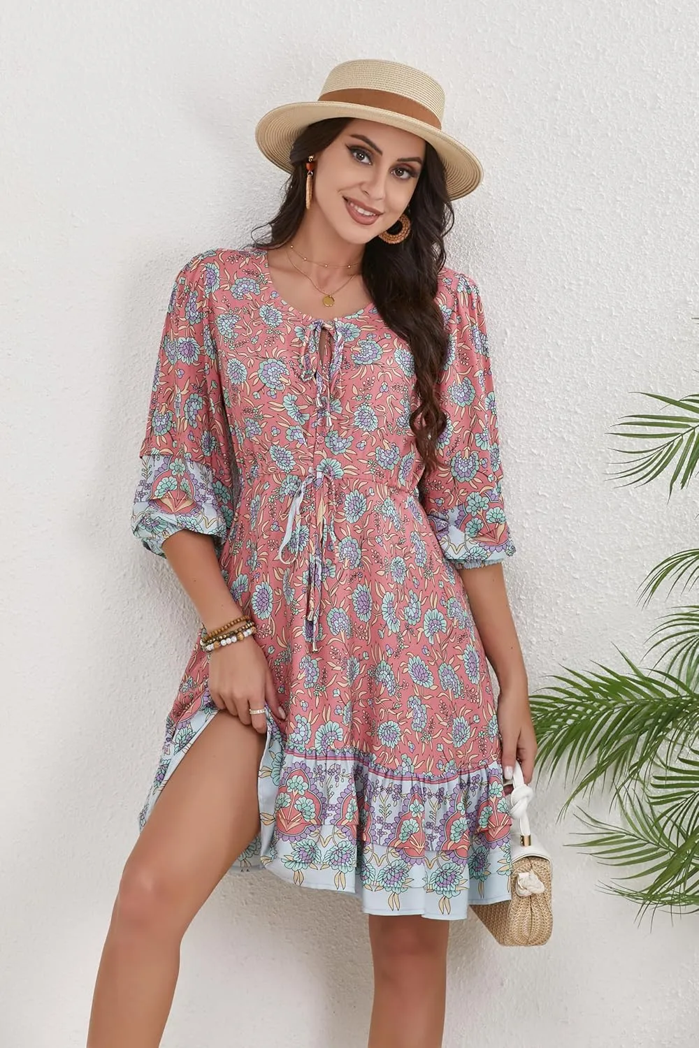 Women's Bohemian Dress V Neck Front Tie 3/4 Long Sleeve Floral A Line Beach Boho Tunic Dress