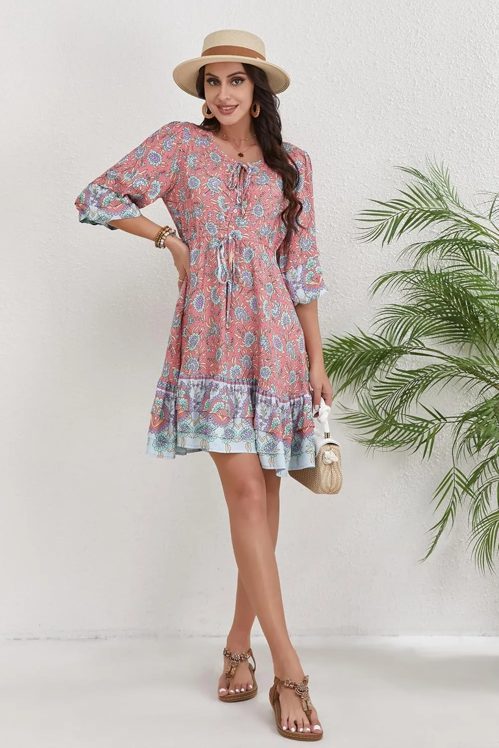Women's Bohemian Dress V Neck Front Tie 3/4 Long Sleeve Floral A Line Beach Boho Tunic Dress
