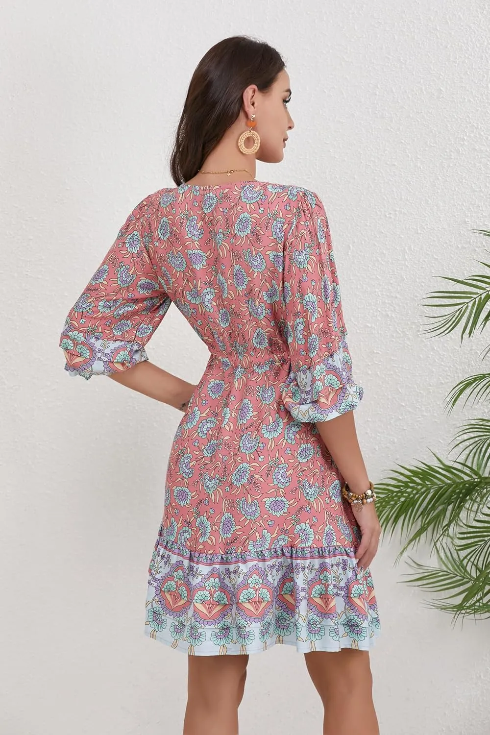 Women's Bohemian Dress V Neck Front Tie 3/4 Long Sleeve Floral A Line Beach Boho Tunic Dress