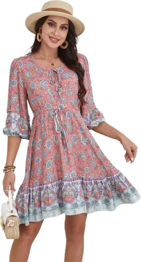 Women's Bohemian Dress V Neck Front Tie 3/4 Long Sleeve Floral A Line Beach Boho Tunic Dress