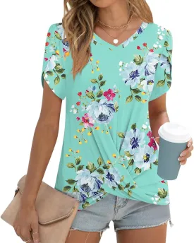 Womens Casual 2025 Tunic Summer Twist Front Tops Short Sleeve Blouse V-neck Loose Tshirt