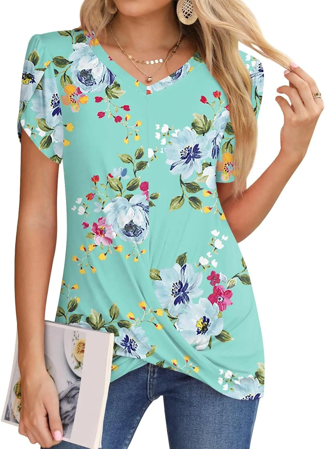 Womens Casual 2025 Tunic Summer Twist Front Tops Short Sleeve Blouse V-neck Loose Tshirt