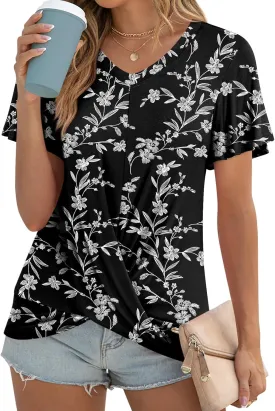 Womens Casual Summer Tunic Tops Short Sleeve Blouse Front Twist V-neck Tee Shirt