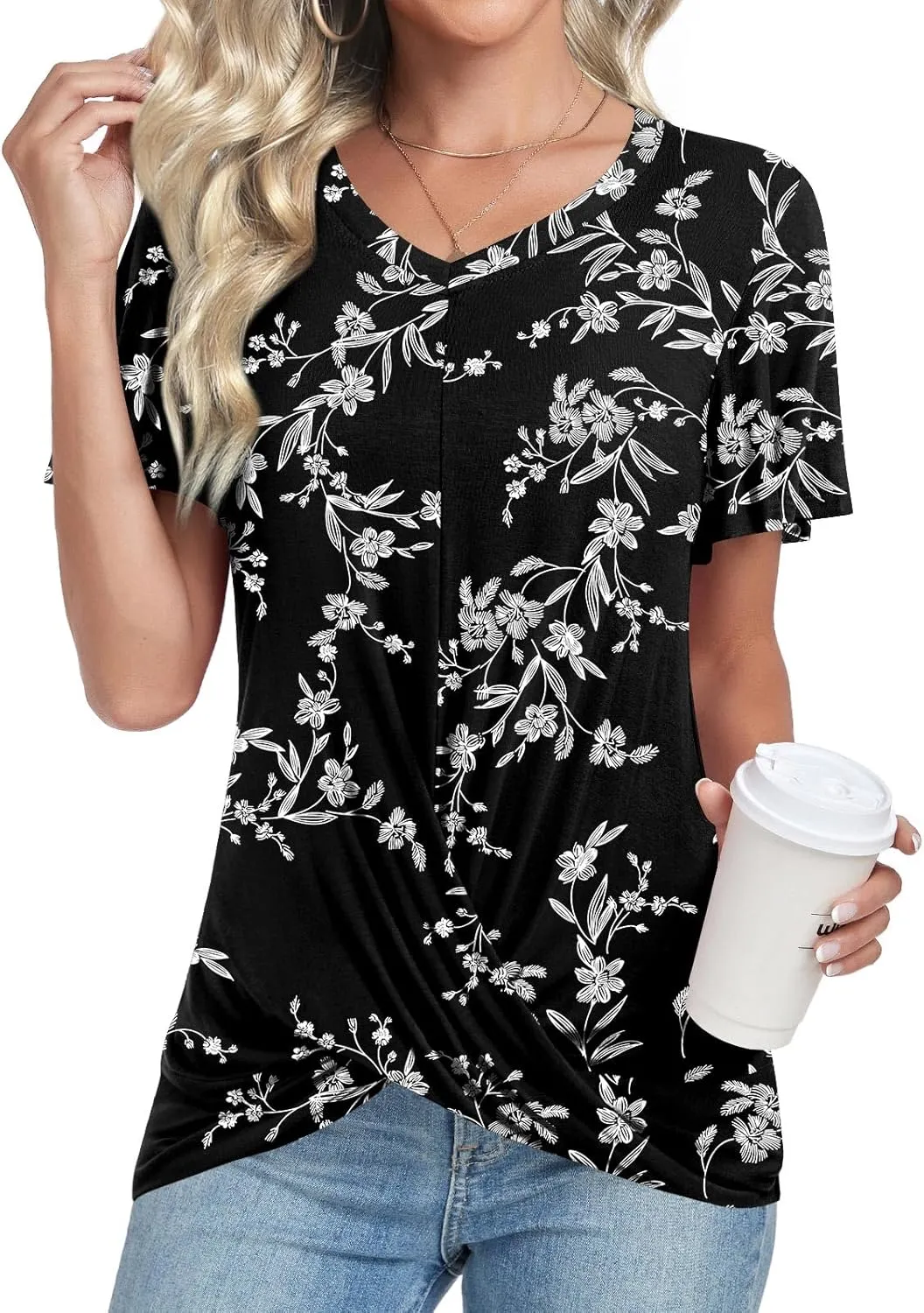 Womens Casual Summer Tunic Tops Short Sleeve Blouse Front Twist V-neck Tee Shirt