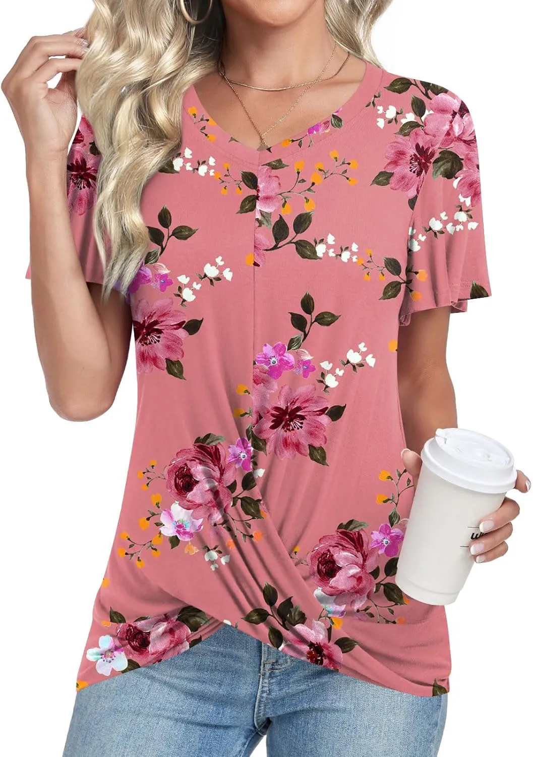 Womens Casual Summer Tunic Tops Short Sleeve Blouse Front Twist V-neck Tee Shirt