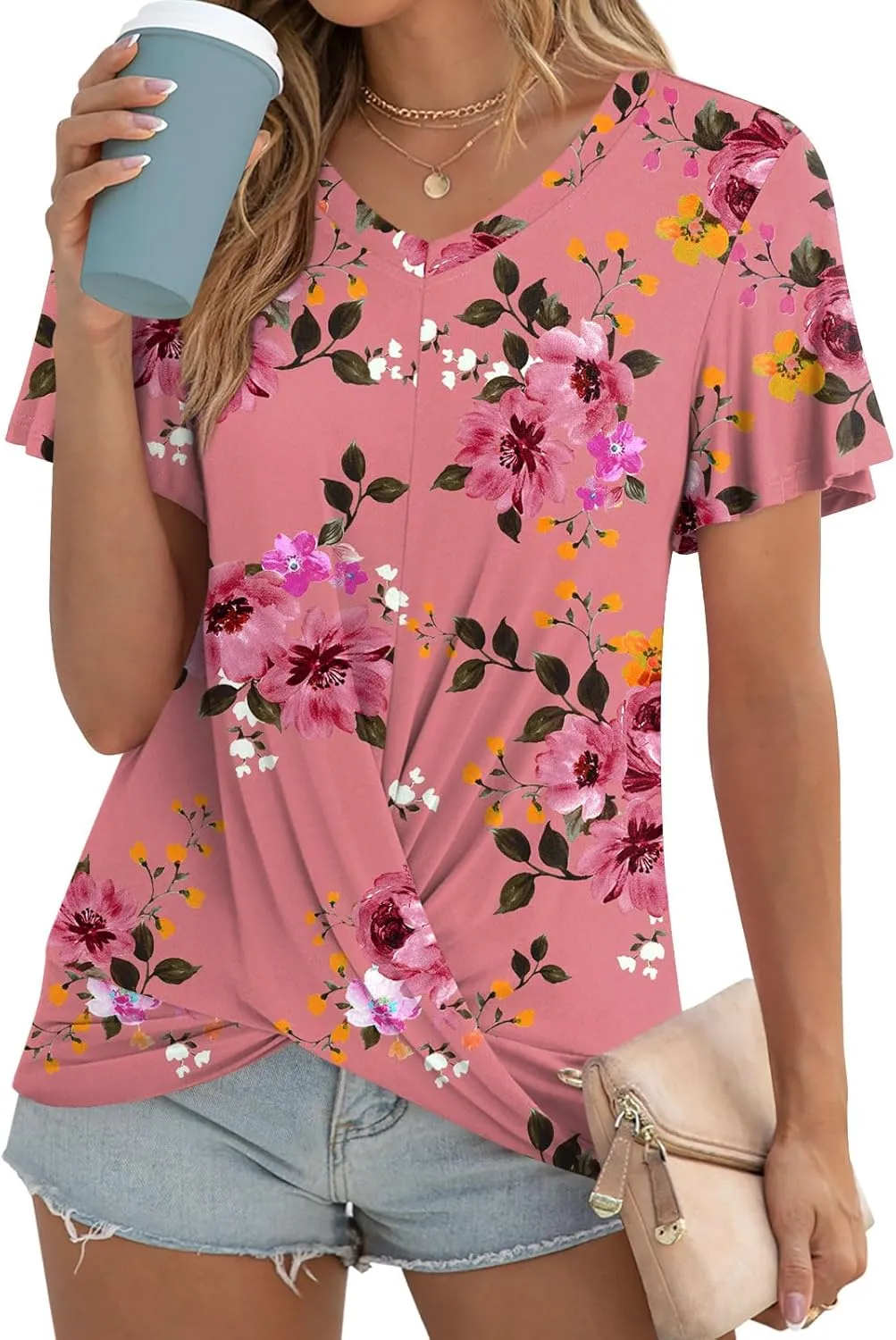 Womens Casual Summer Tunic Tops Short Sleeve Blouse Front Twist V-neck Tee Shirt