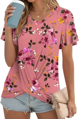 Womens Casual Summer Tunic Tops Short Sleeve Blouse Front Twist V-neck Tee Shirt