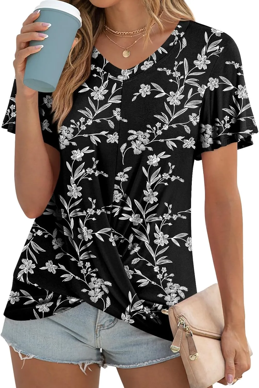 Womens Casual Summer Tunic Tops Short Sleeve Blouse Front Twist V-neck Tee Shirt
