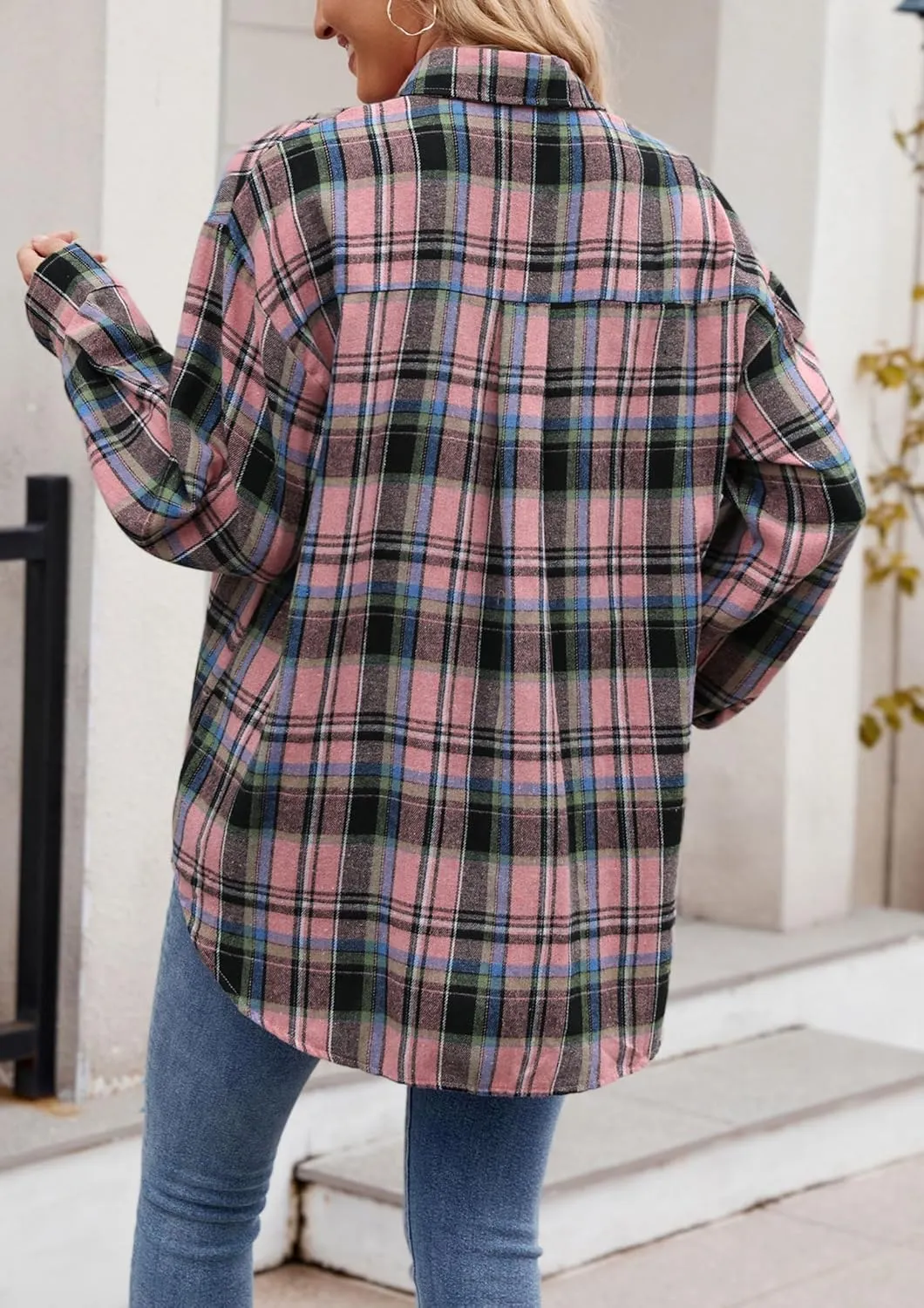 Womens Flannel Fashion Plaid Shirts Button Down Shacket Long Sleeve Jacket Casual Fall Top