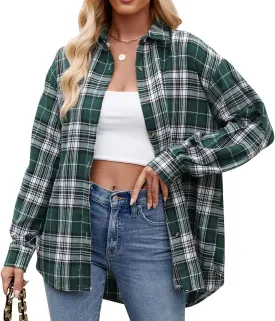 Womens Flannel Fashion Plaid Shirts Button Down Shacket Long Sleeve Jacket Casual Fall Top