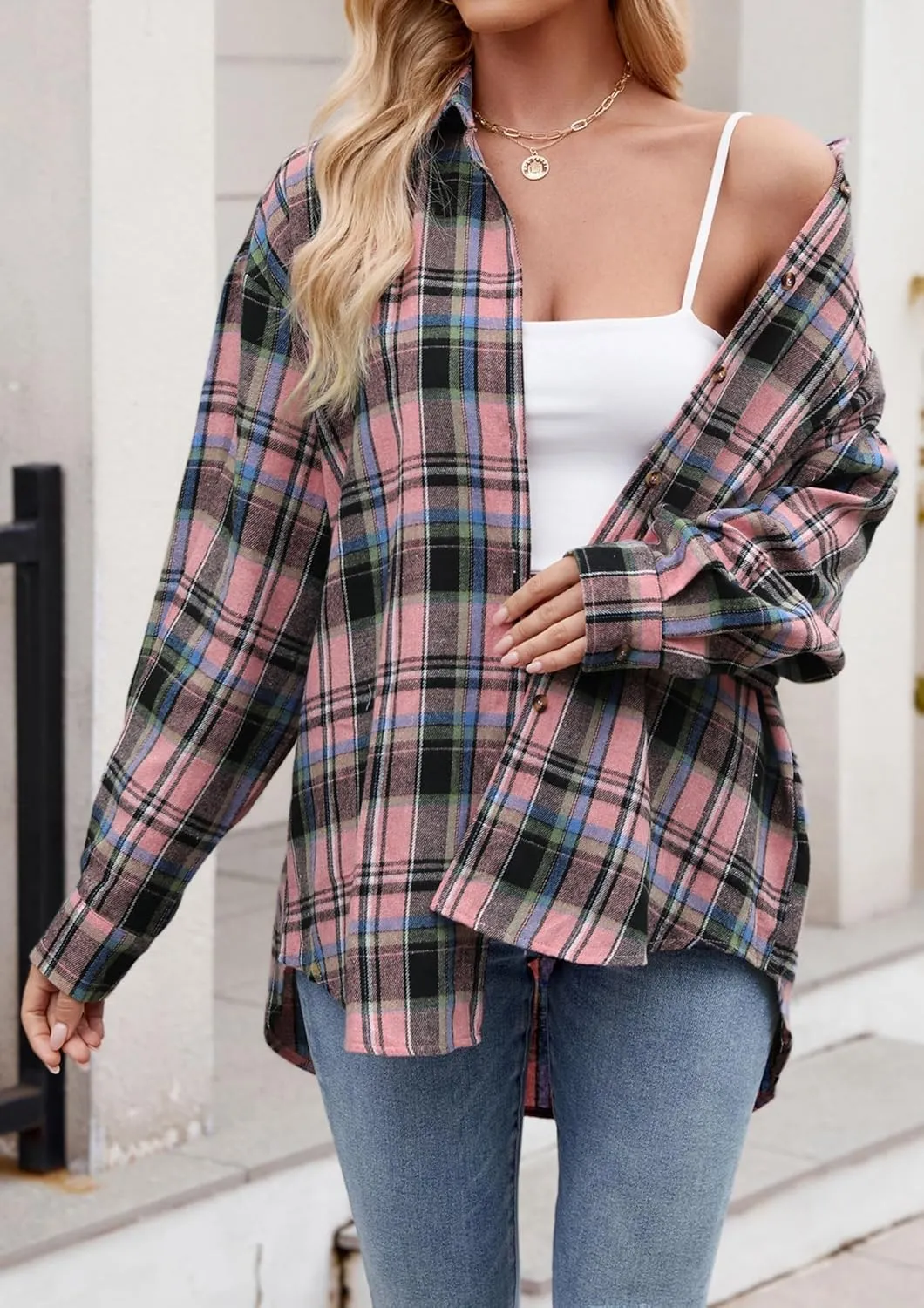 Womens Flannel Fashion Plaid Shirts Button Down Shacket Long Sleeve Jacket Casual Fall Top