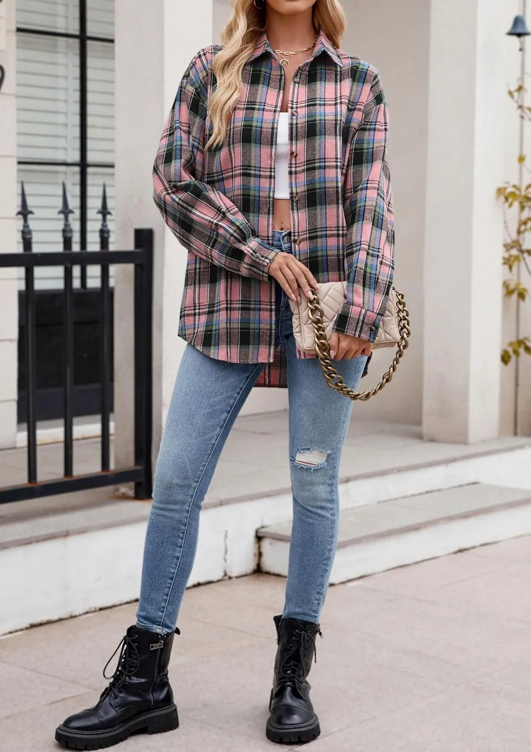 Womens Flannel Fashion Plaid Shirts Button Down Shacket Long Sleeve Jacket Casual Fall Top