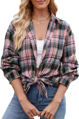 Womens Flannel Fashion Plaid Shirts Button Down Shacket Long Sleeve Jacket Casual Fall Top