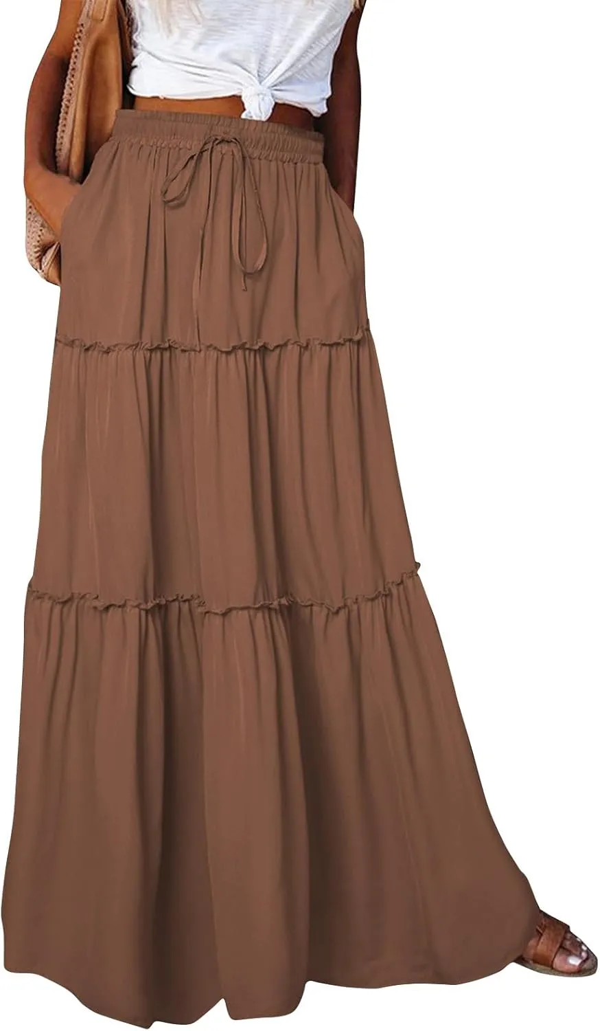 Women's Floral Print Midi Skirts 2025 Summer Aline Elastic High Waist Pleated Flowy Long Skirt Pockets Cute Skirts