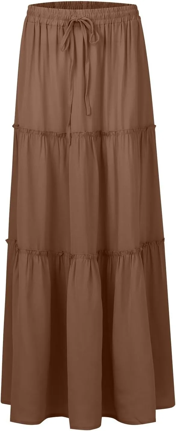 Women's Floral Print Midi Skirts 2025 Summer Aline Elastic High Waist Pleated Flowy Long Skirt Pockets Cute Skirts