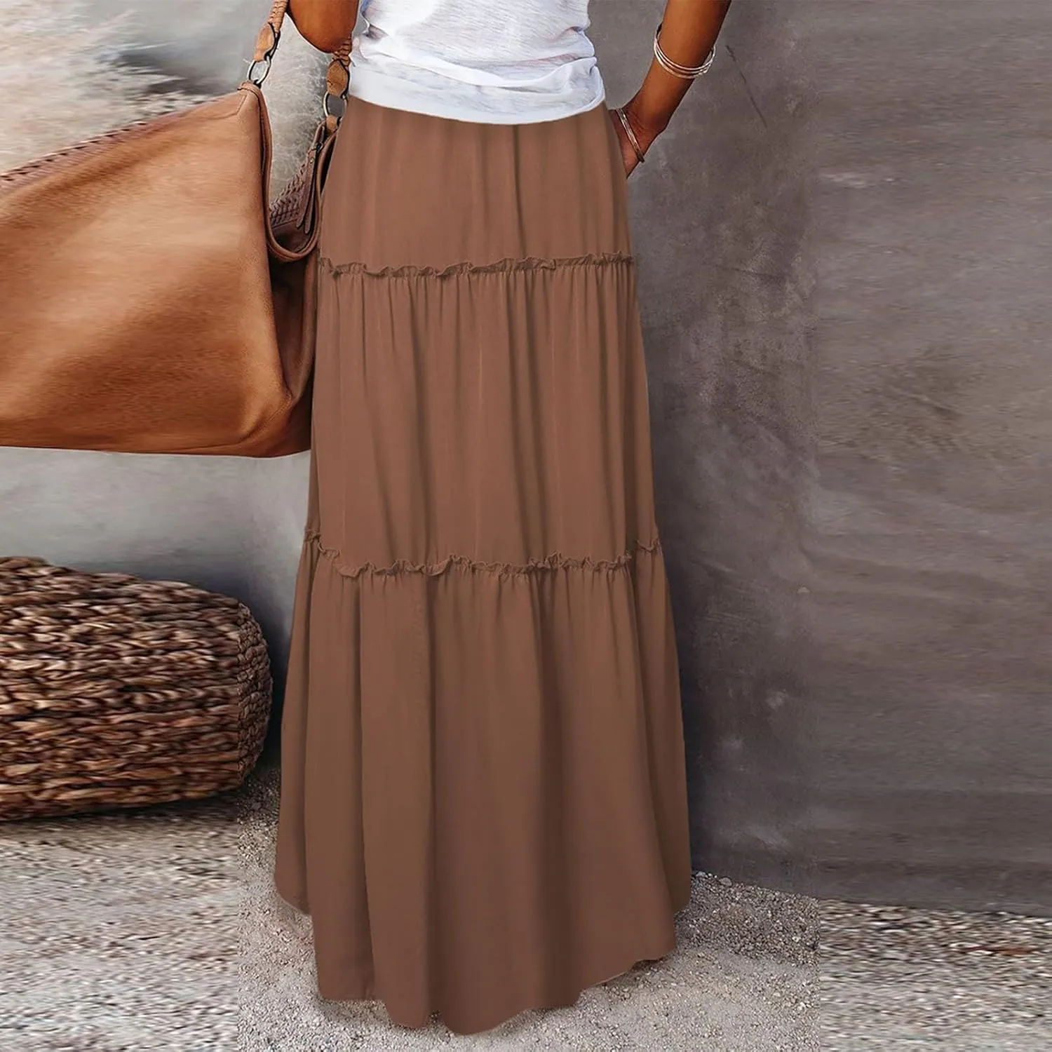 Women's Floral Print Midi Skirts 2025 Summer Aline Elastic High Waist Pleated Flowy Long Skirt Pockets Cute Skirts